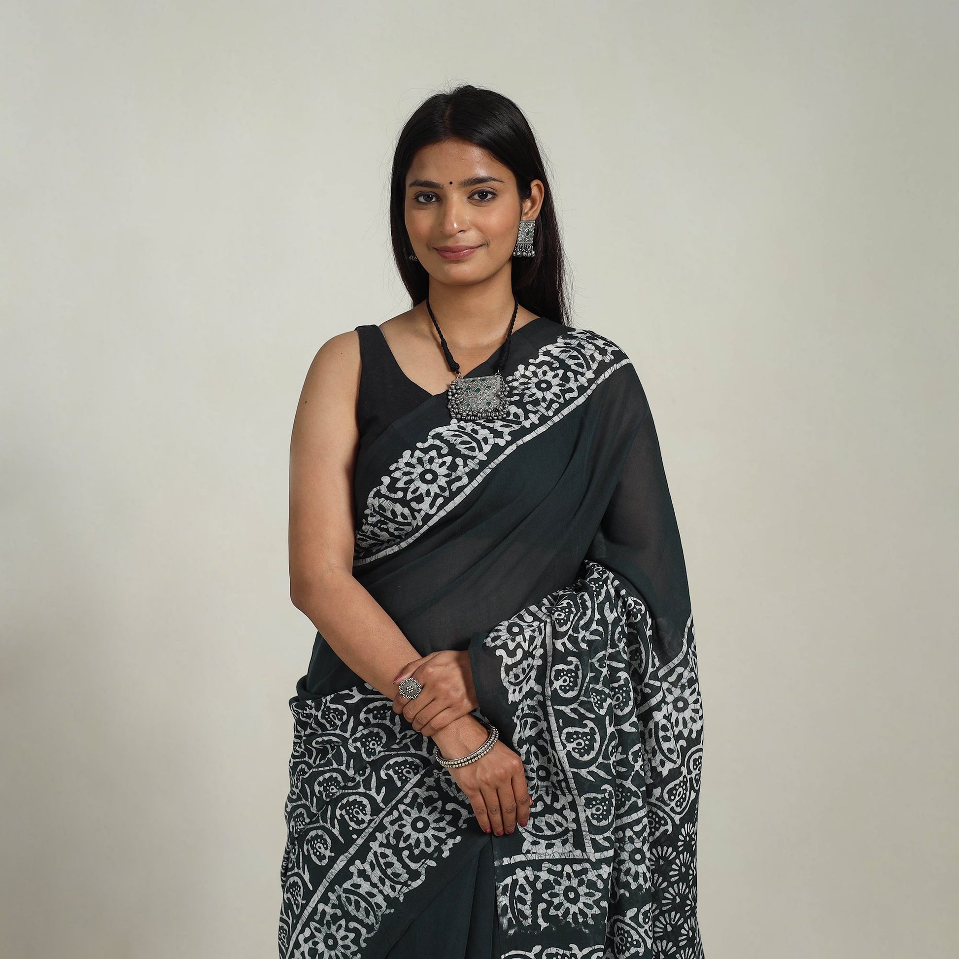 Black  - Cotton Hand Batik Print Saree 03