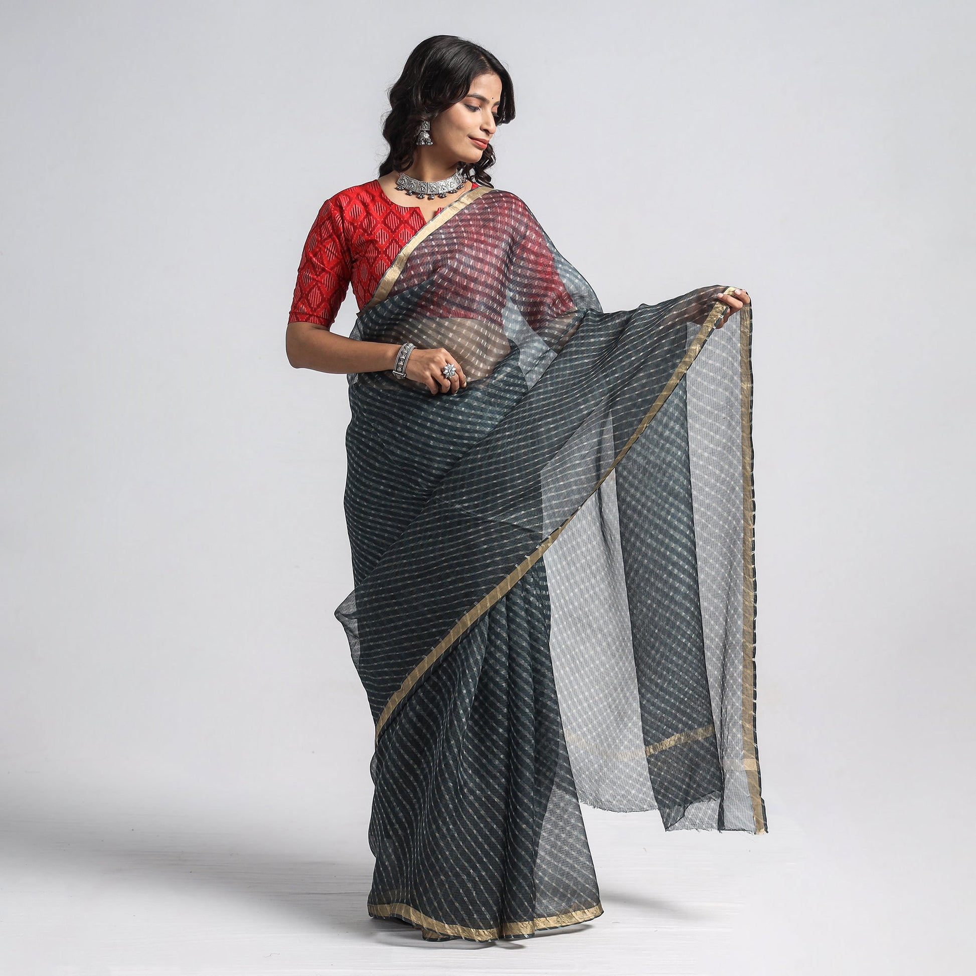 Black - Leheriya Tie-Dye Kota Doria Silk Saree