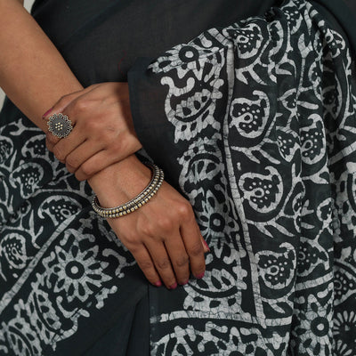 Black  - Cotton Hand Batik Print Saree 03