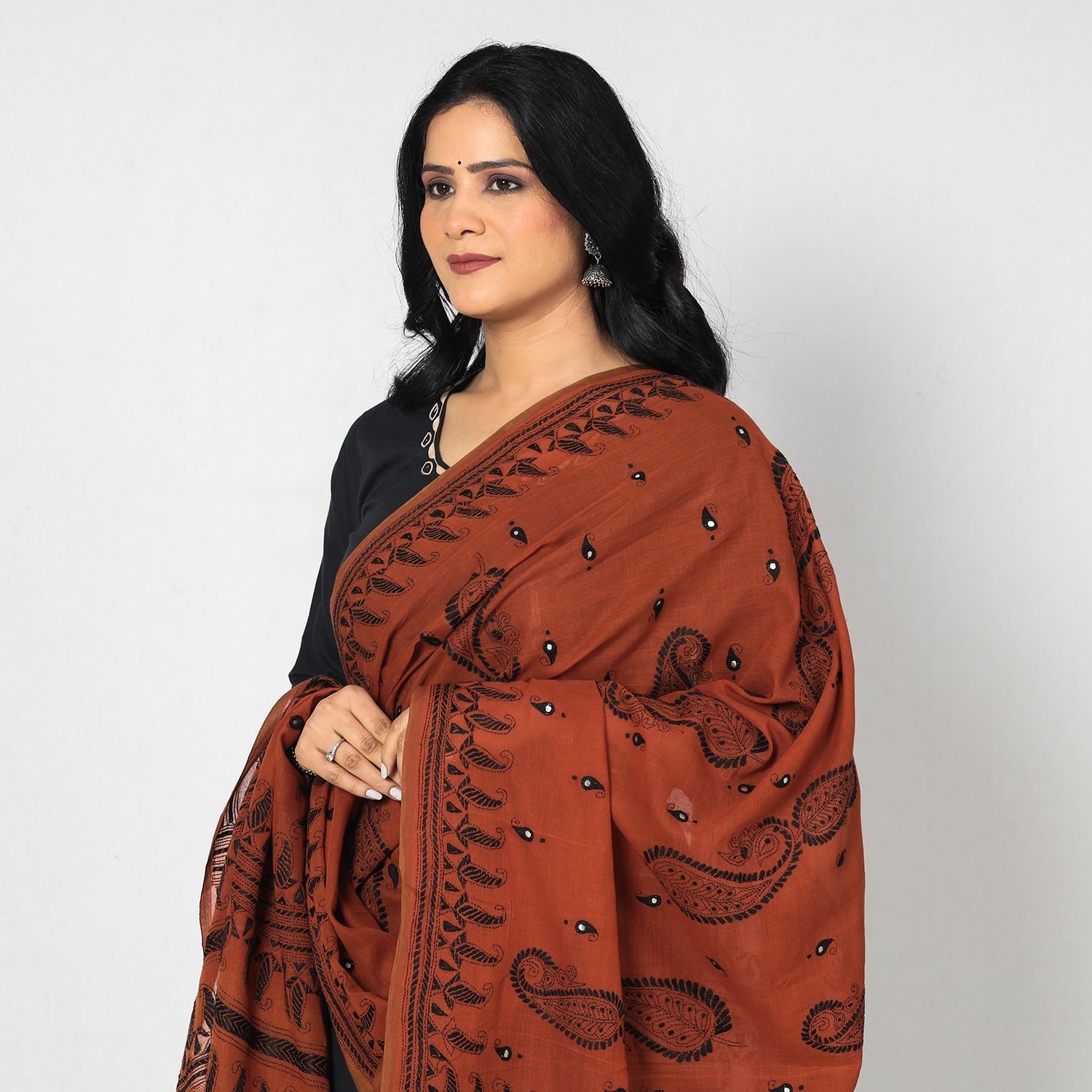 Brown - Bengal Kantha Embroidery Cotton Handloom Dupatta