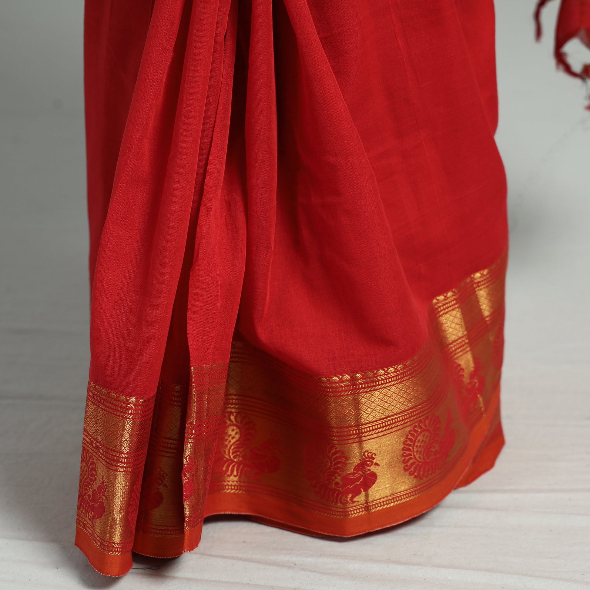 Red - Dharwad Cotton Saree with Zari Border