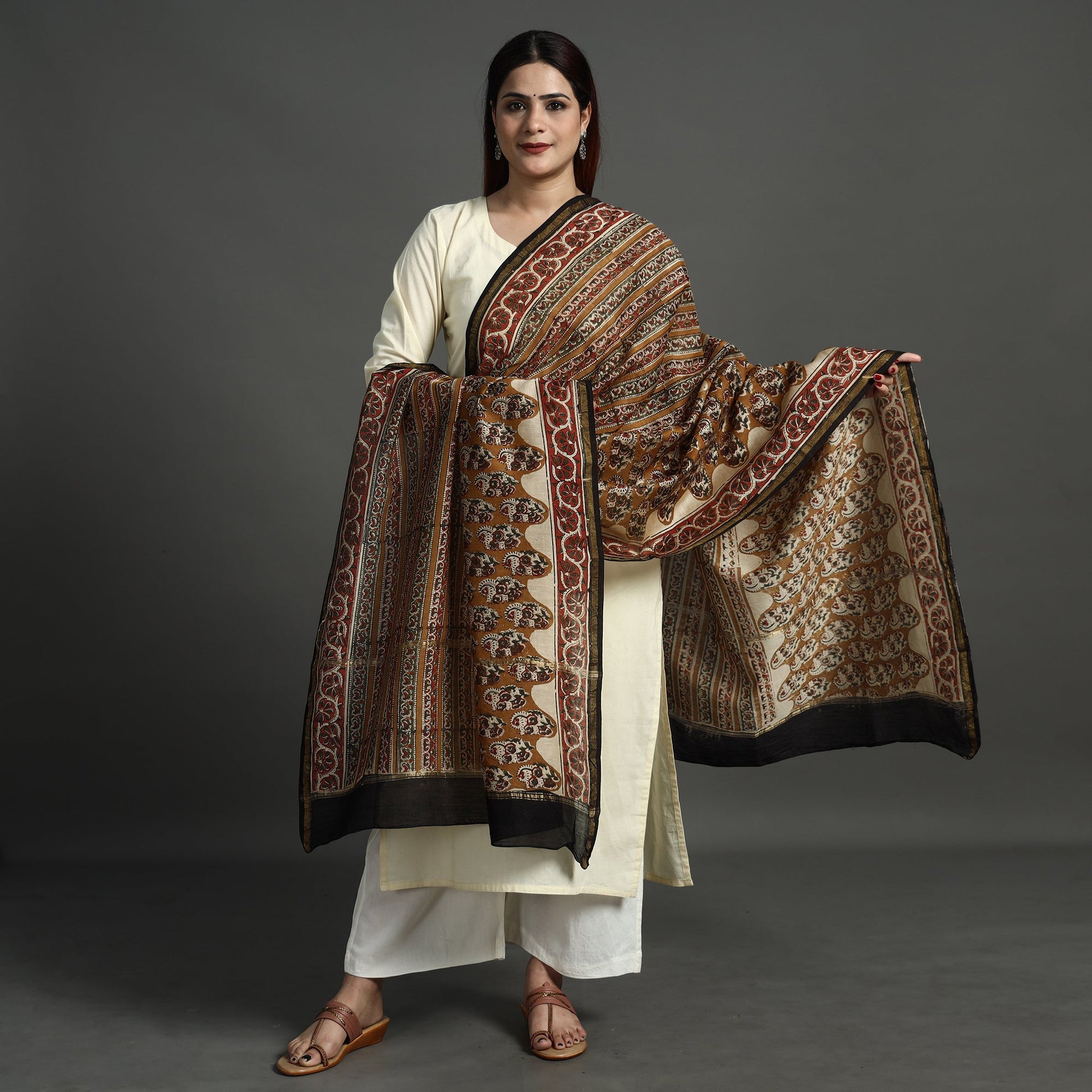 Brown - Block Print Chanderi Silk Kalamkari Bagru Dupatta 139