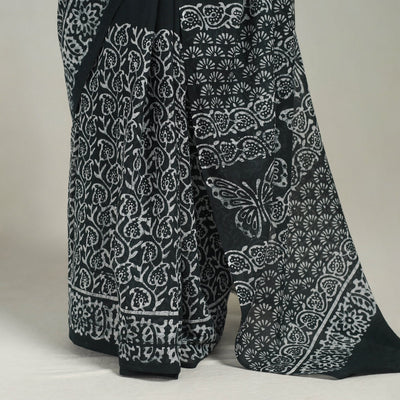 Black  - Cotton Hand Batik Print Saree 03