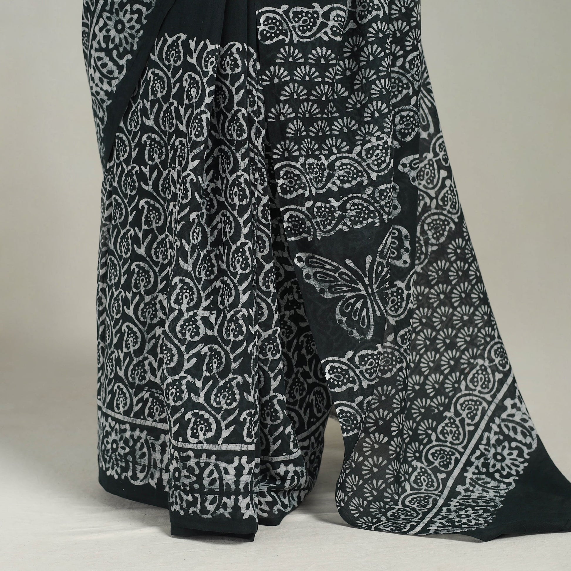 Black  - Cotton Hand Batik Print Saree 03