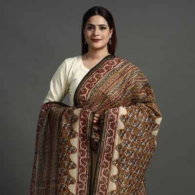 Brown - Block Print Chanderi Silk Kalamkari Bagru Dupatta 139