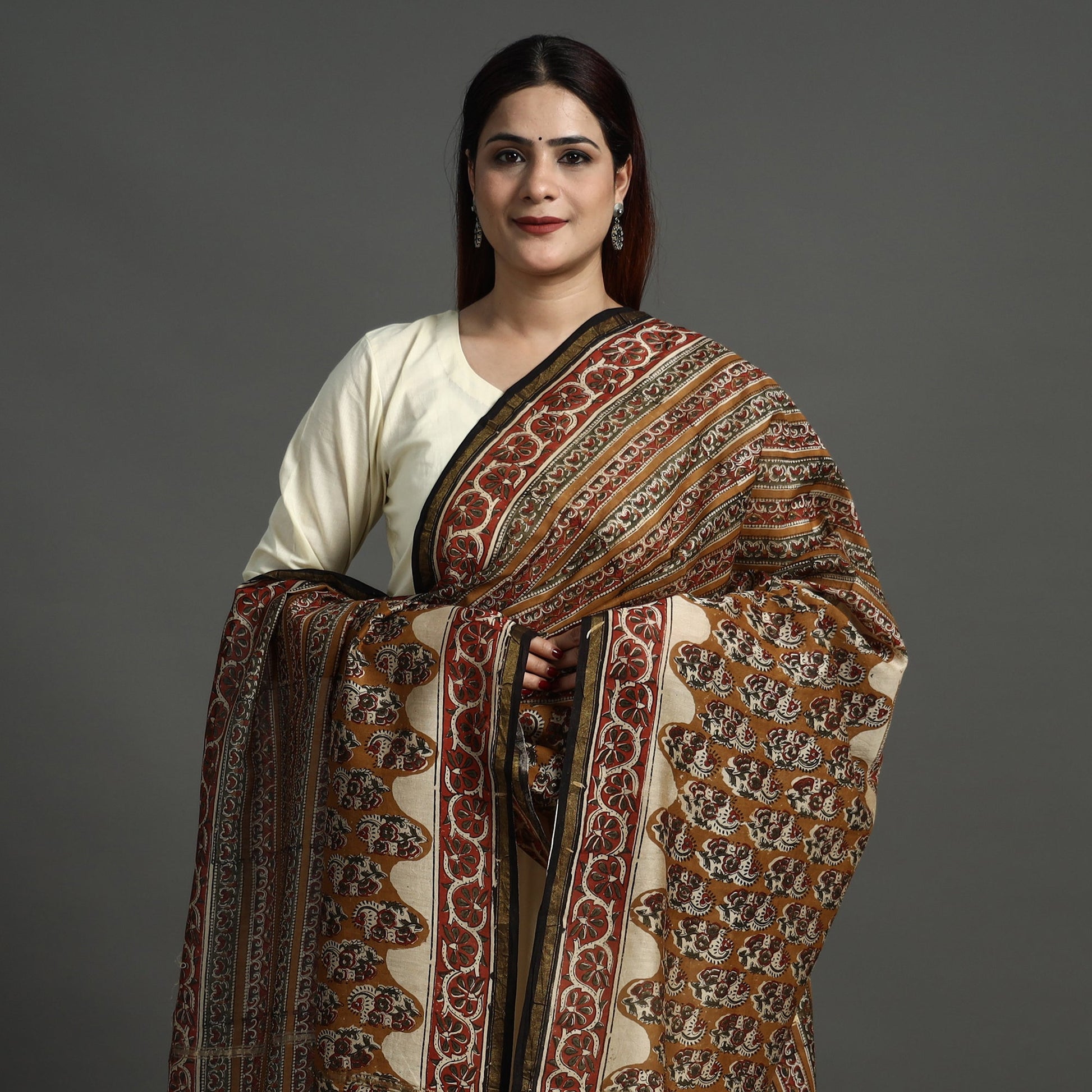 Brown - Block Print Chanderi Silk Kalamkari Bagru Dupatta 139