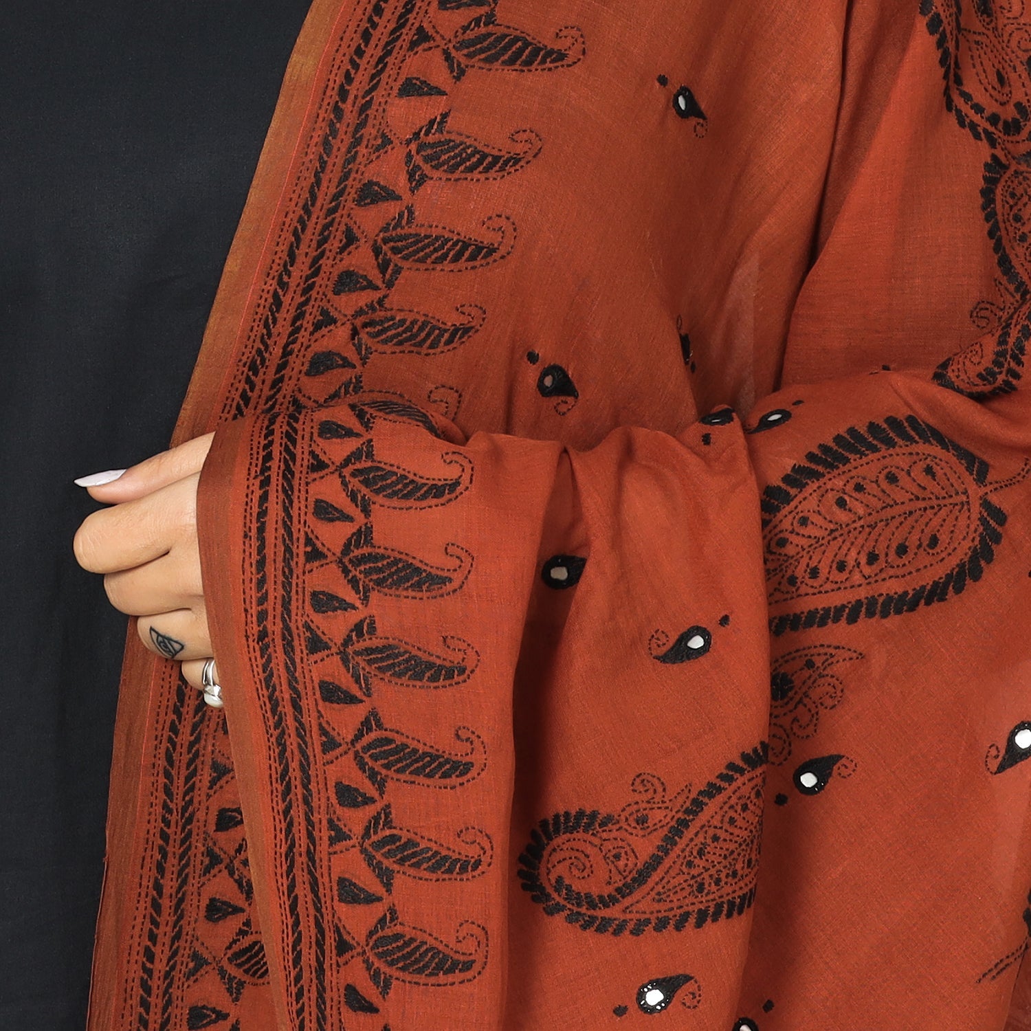 Brown - Bengal Kantha Embroidery Cotton Handloom Dupatta