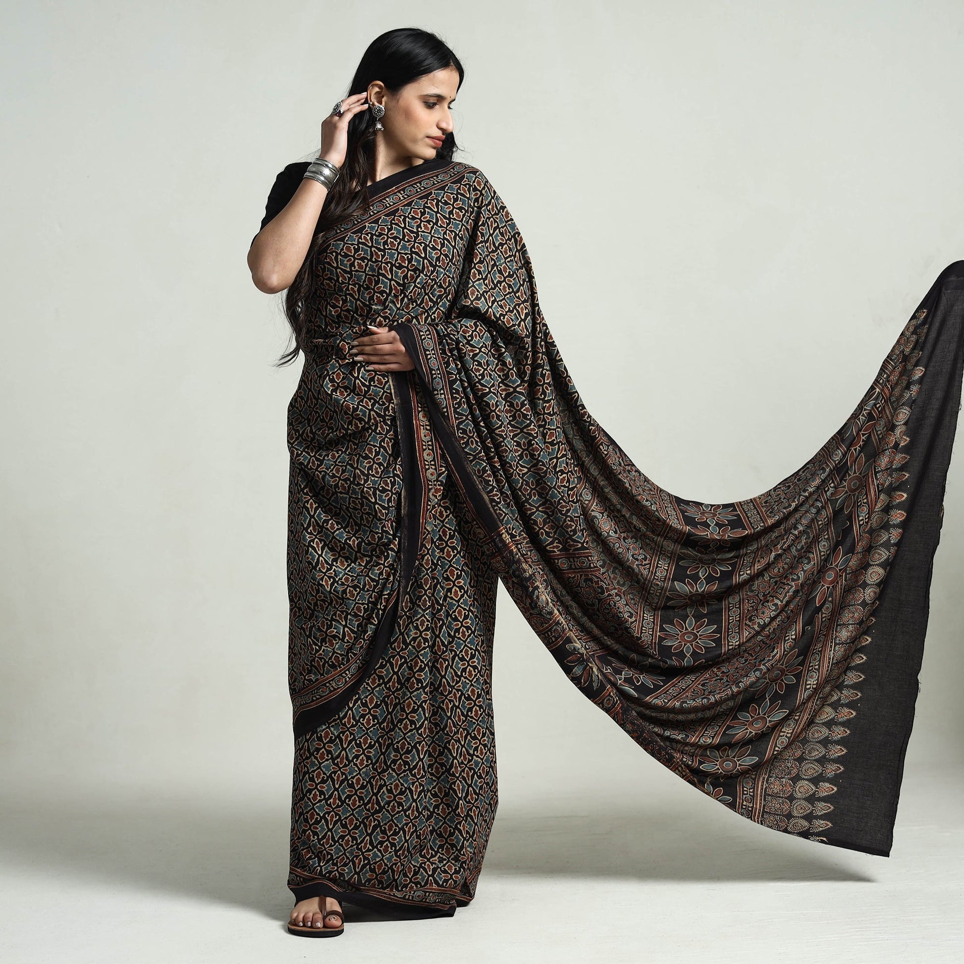 Multicolor - Ajrakh Block Printed Cotton Saree