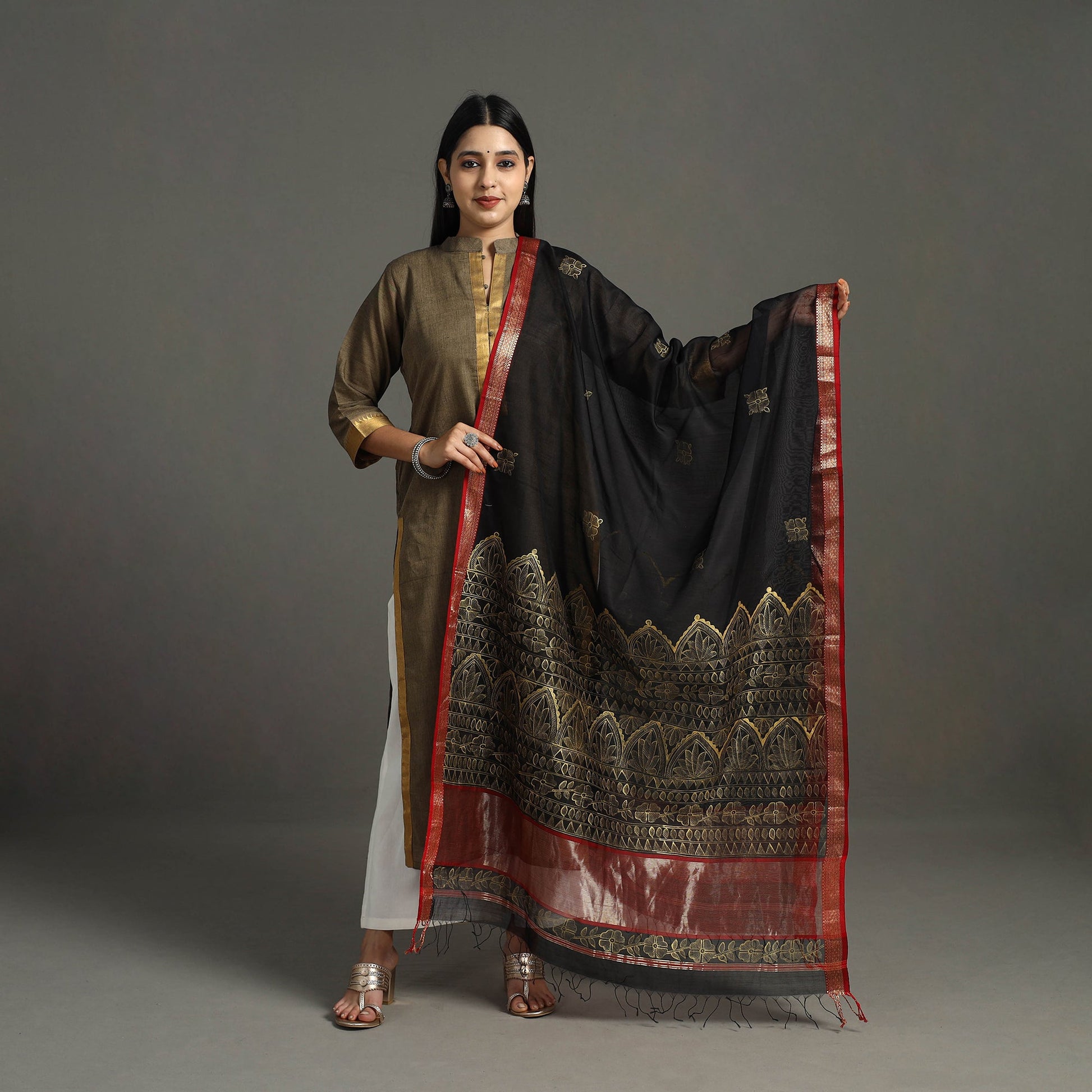 Black -  Handpainted Maheshwari Silk Madhubani Dupatta 33