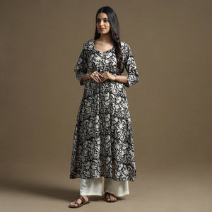 Black - Bagru Hand Block Printed Cotton A-Line Kurta