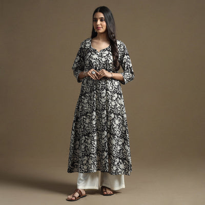 Black - Bagru Hand Block Printed Cotton A-Line Kurta