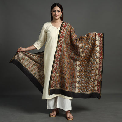 Brown - Block Print Chanderi Silk Kalamkari Bagru Dupatta 139