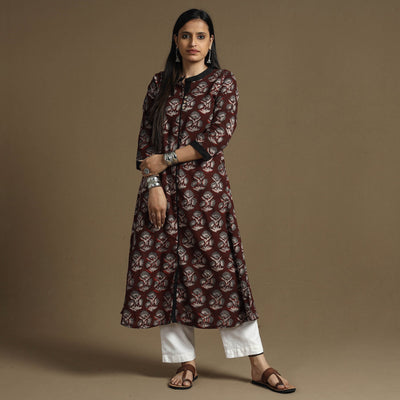 Brown - Bagru Hand Block Printed Cotton A-Line Long Kurta
