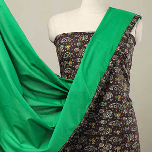 Brown - 3pc Cotton Kalamkari Print Kurta with Plain Dupatta 13