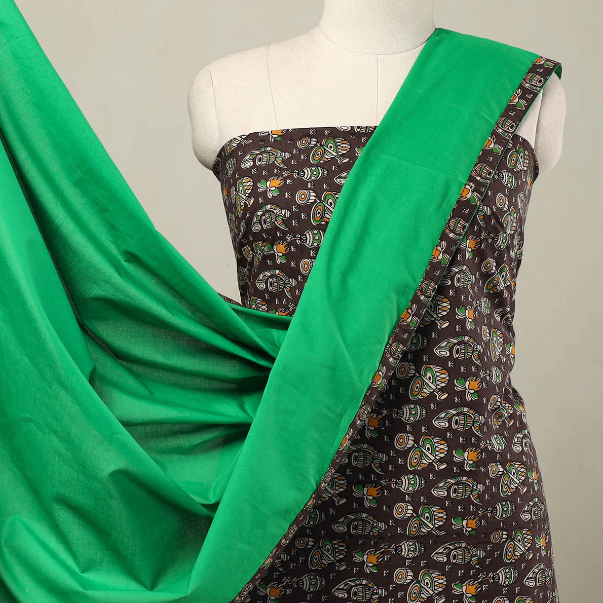 Brown - 3pc Cotton Kalamkari Print Kurta with Plain Dupatta 13