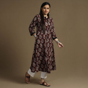Brown - Bagru Hand Block Printed Cotton A-Line Long Kurta