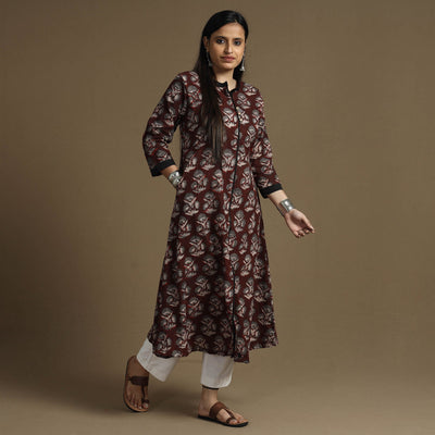 Brown - Bagru Hand Block Printed Cotton A-Line Long Kurta