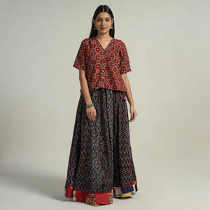 Black - Kutch Block Printed 24 Kali Cotton Long Skirt 03
