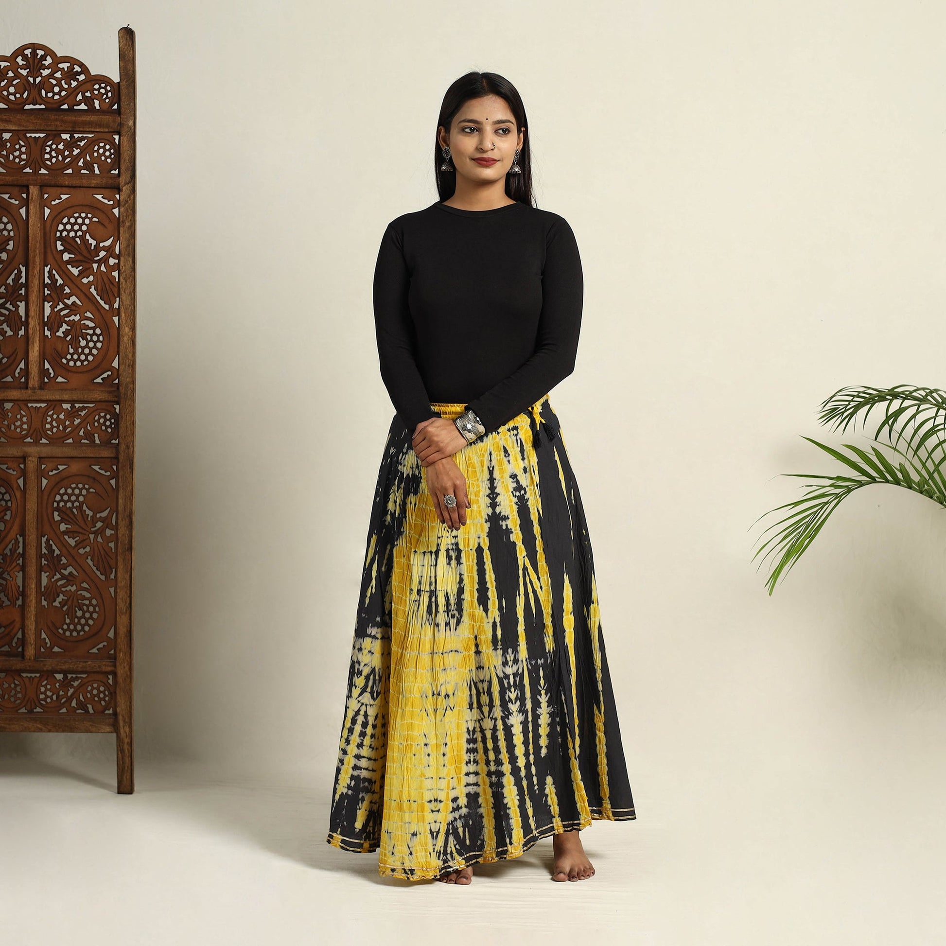 Black -  Cotton Long Shibori Tie-Dye Skirt 07