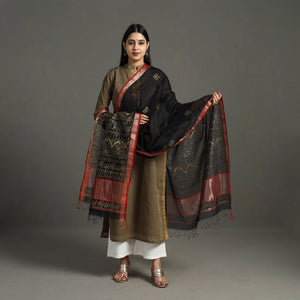 Black -  Handpainted Maheshwari Silk Madhubani Dupatta 33