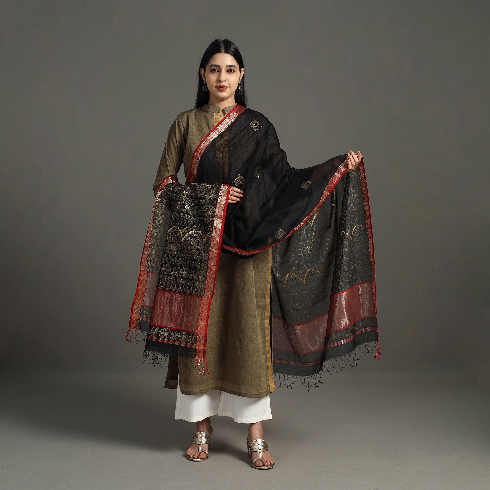 Black -  Handpainted Maheshwari Silk Madhubani Dupatta 33