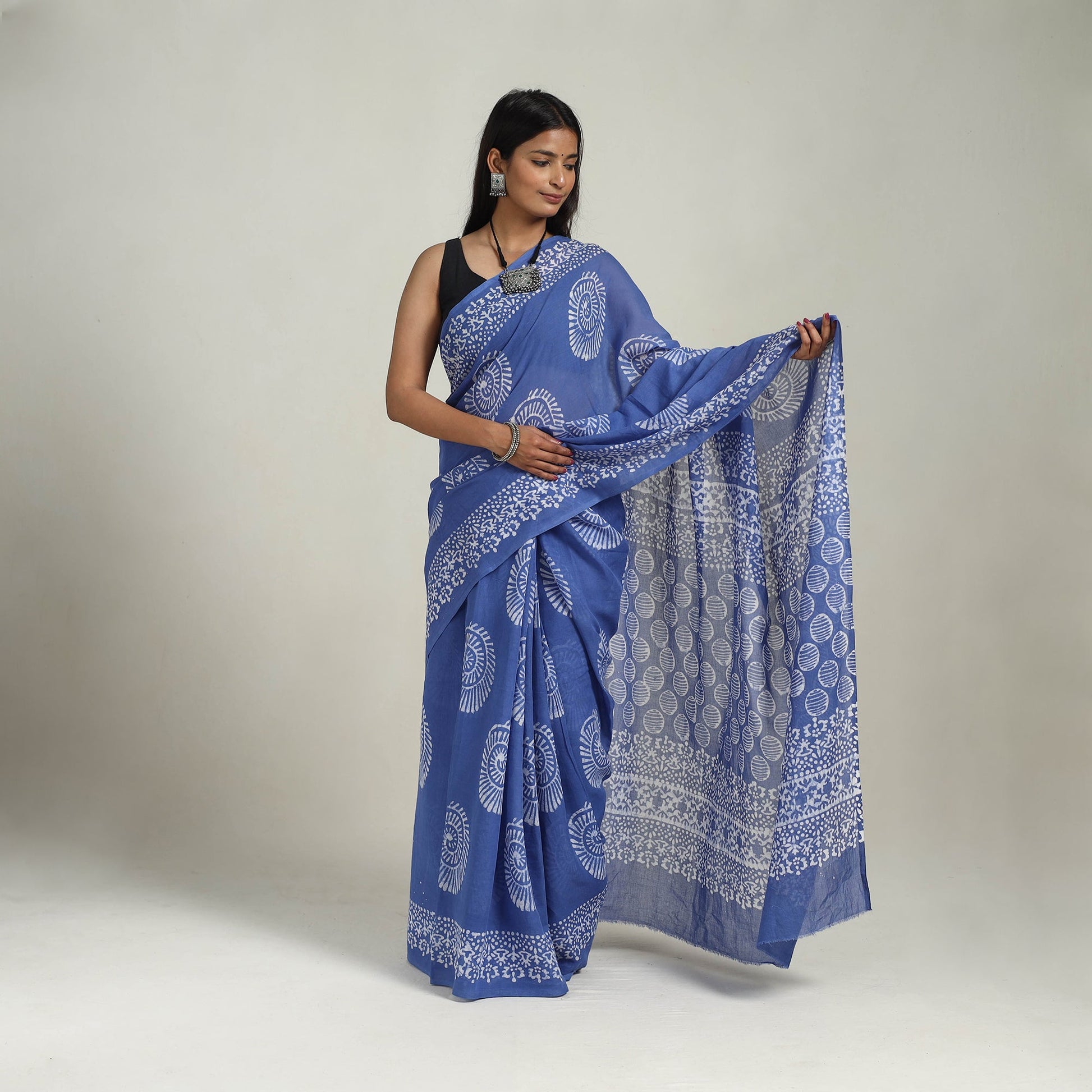 Blue - Cotton Hand Batik Print Saree 05