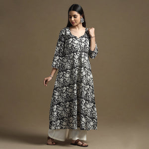 Black - Bagru Hand Block Printed Cotton A-Line Kurta