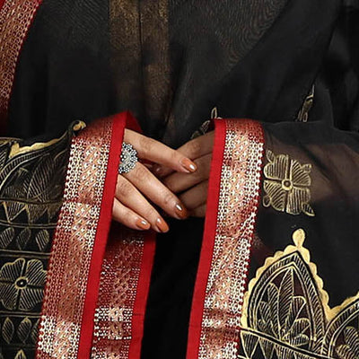 Black -  Handpainted Maheshwari Silk Madhubani Dupatta 33