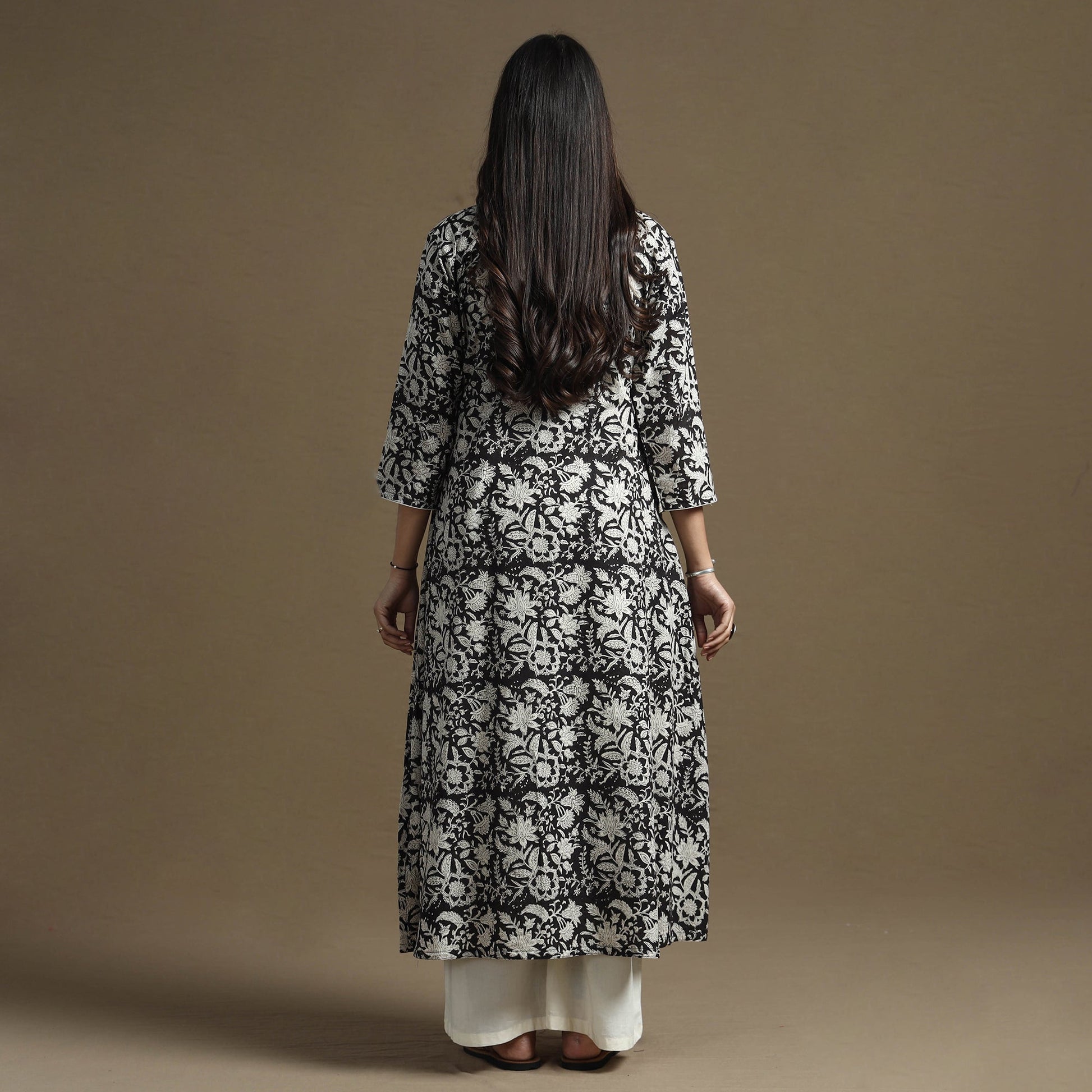 Black - Bagru Hand Block Printed Cotton A-Line Kurta