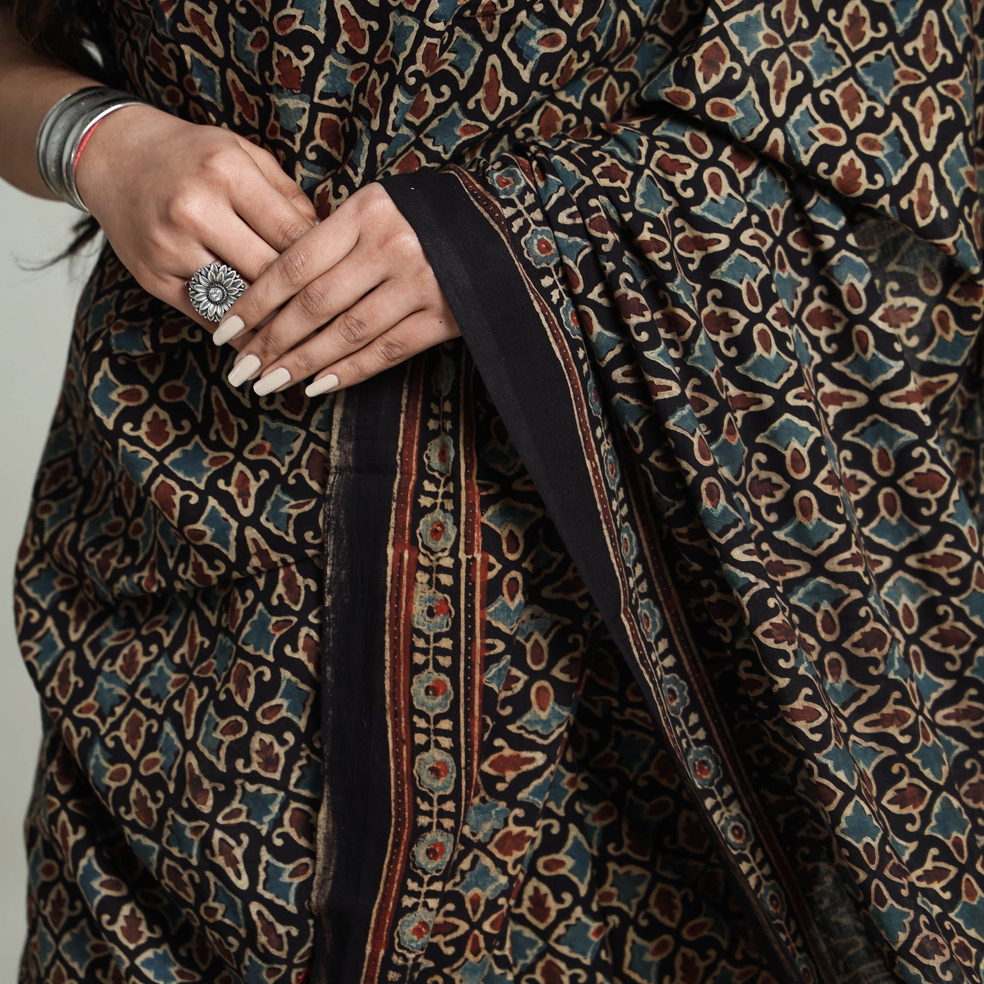 Multicolor - Ajrakh Block Printed Cotton Saree