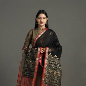 Black -  Handpainted Maheshwari Silk Madhubani Dupatta 33