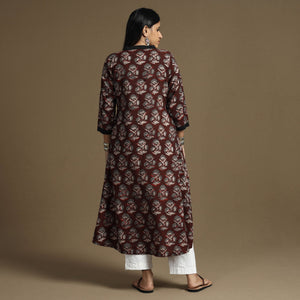 Brown - Bagru Hand Block Printed Cotton A-Line Long Kurta