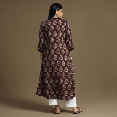 Brown - Bagru Hand Block Printed Cotton A-Line Long Kurta