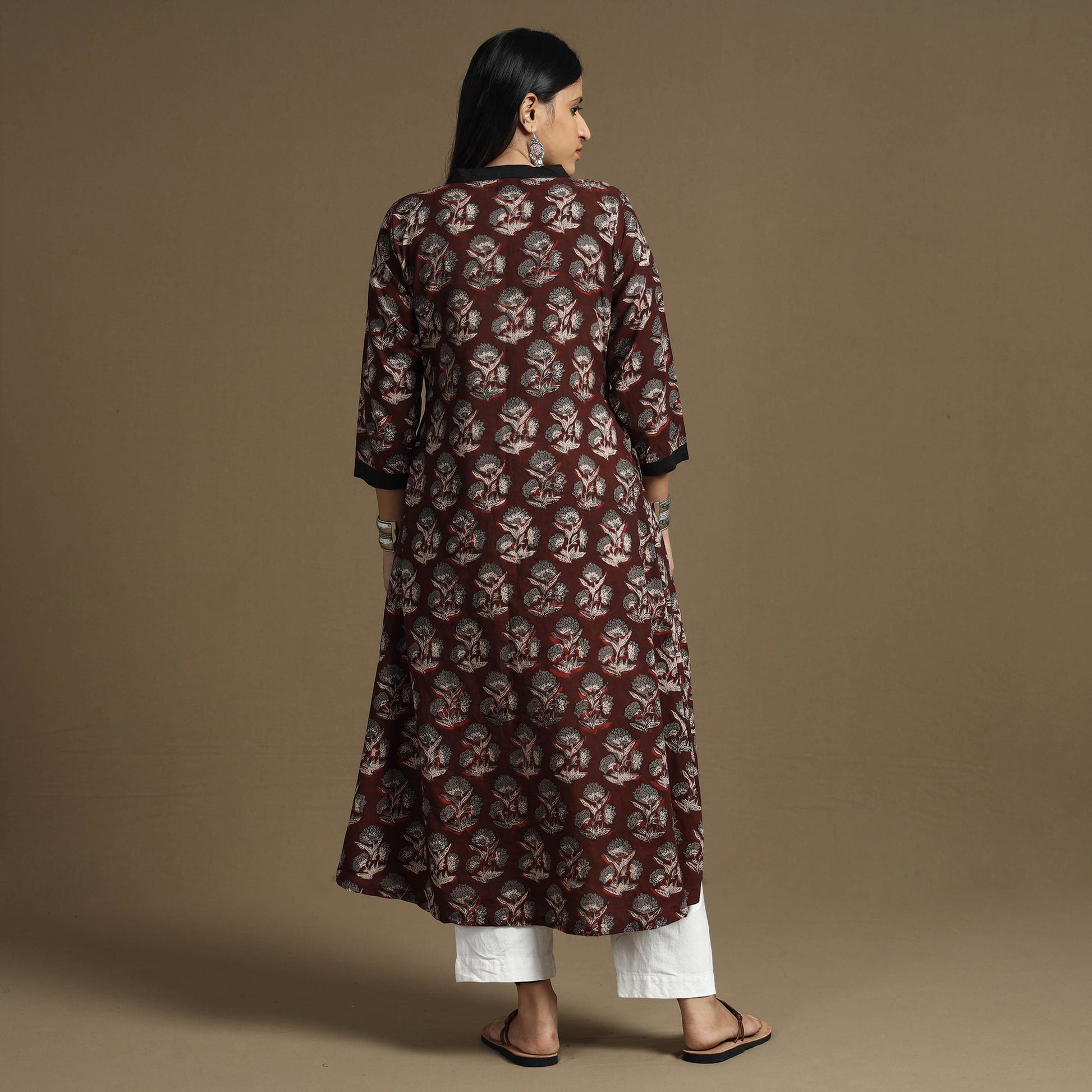 Brown - Bagru Hand Block Printed Cotton A-Line Long Kurta