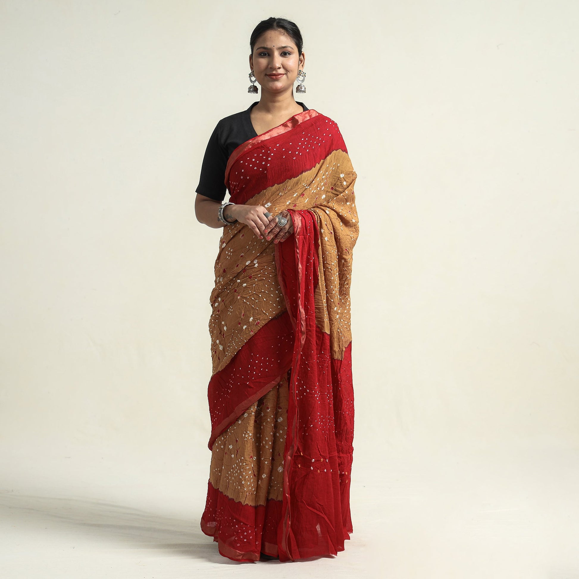 Brown - Kutch Bandhani Tie-Dye Cotton Saree with Blouse Piece