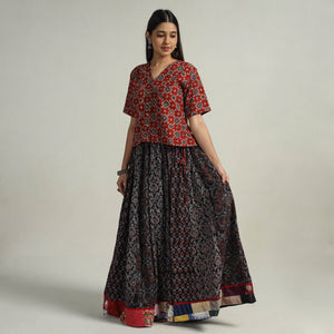 Black - Kutch Block Printed 24 Kali Cotton Long Skirt 03