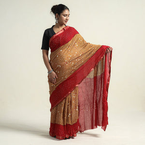 Brown - Kutch Bandhani Tie-Dye Cotton Saree with Blouse Piece