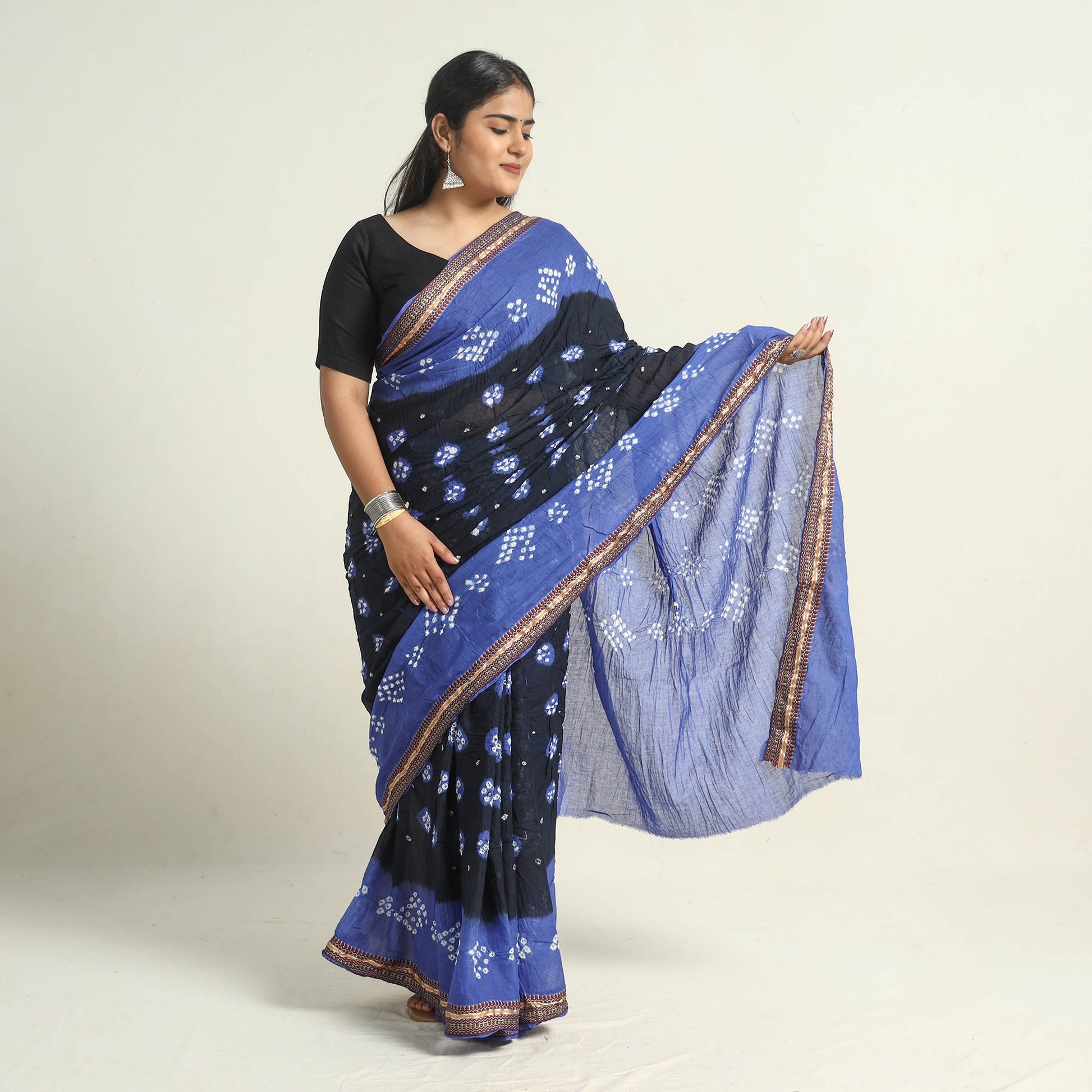 Black - Kutch Tie-Dye Cotton Bandhani Saree with Blouse Piece 19