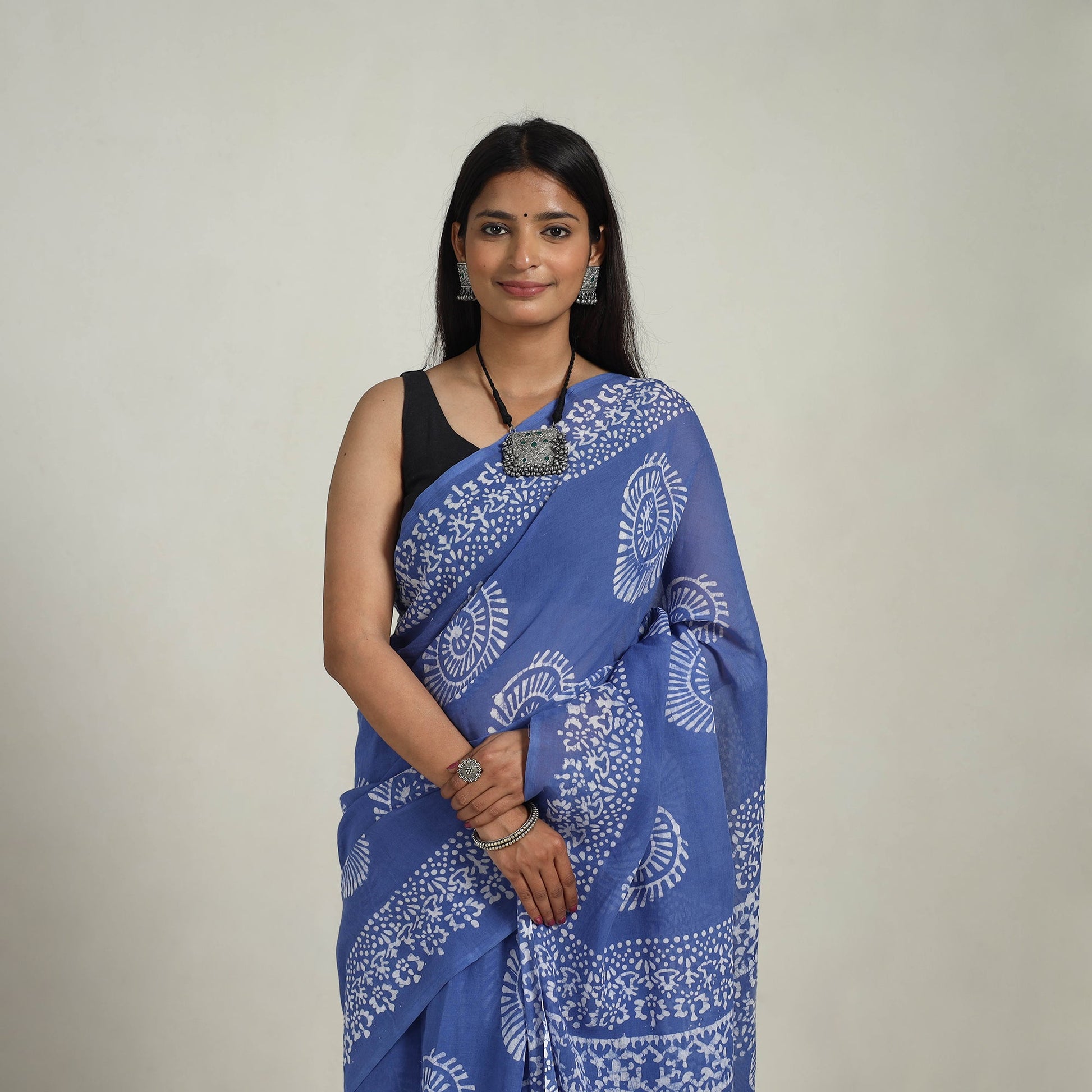 Blue - Cotton Hand Batik Print Saree 05