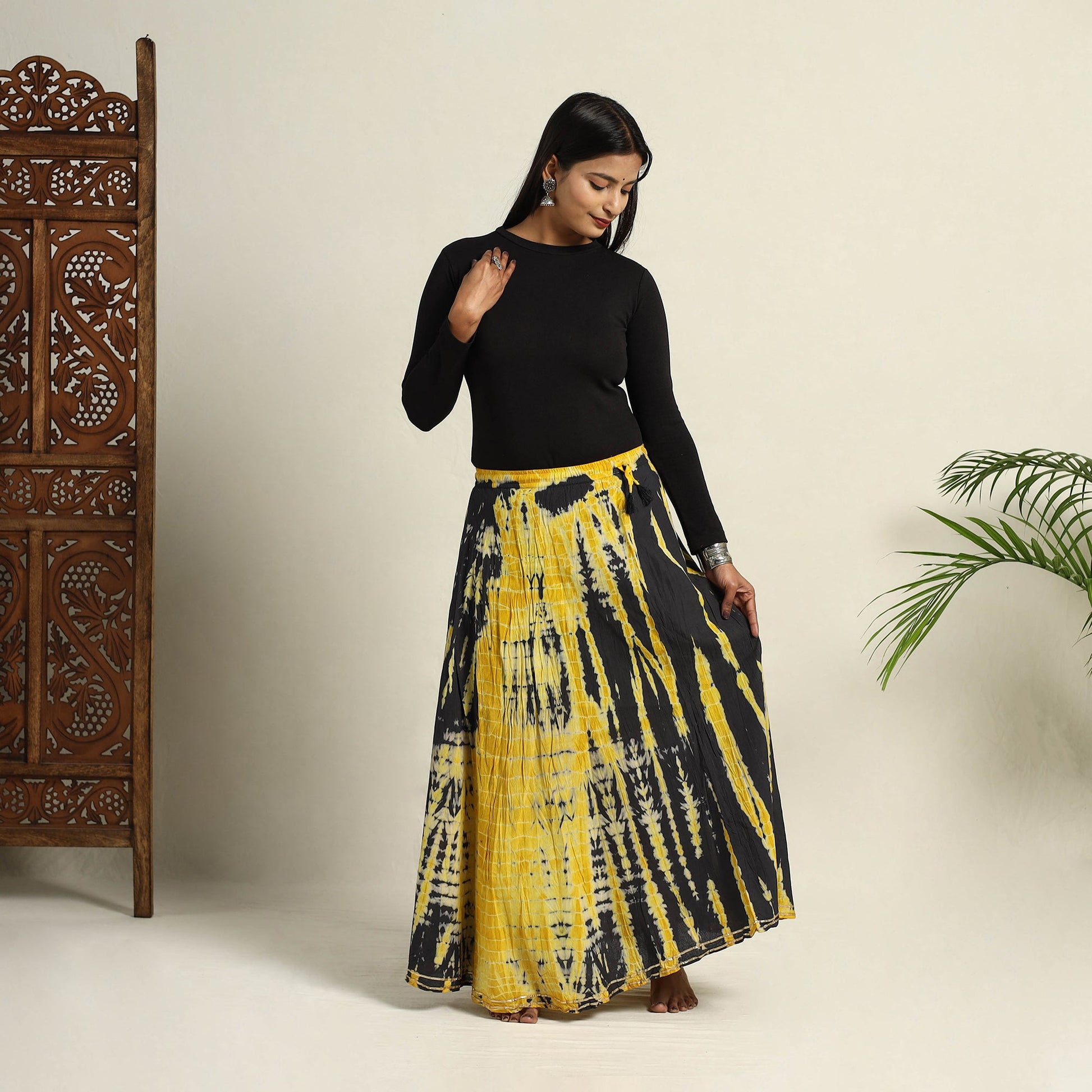 Black -  Cotton Long Shibori Tie-Dye Skirt 07