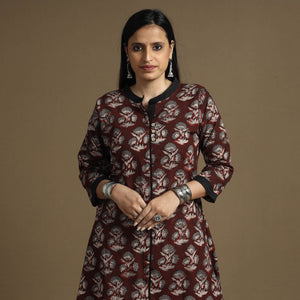 Brown - Bagru Hand Block Printed Cotton A-Line Long Kurta