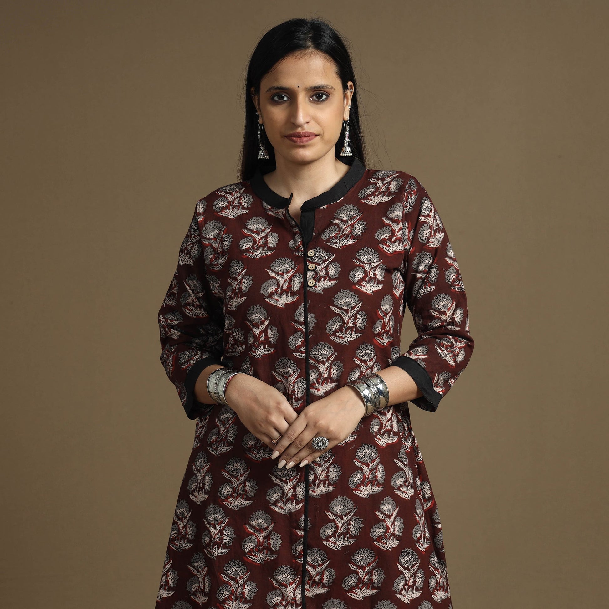 Brown - Bagru Hand Block Printed Cotton A-Line Long Kurta