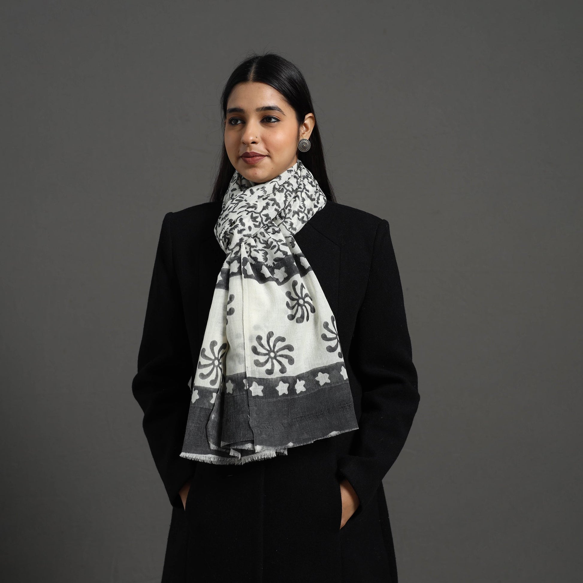 Black - Pure Wool Block Print Sanganeri Stole 48
