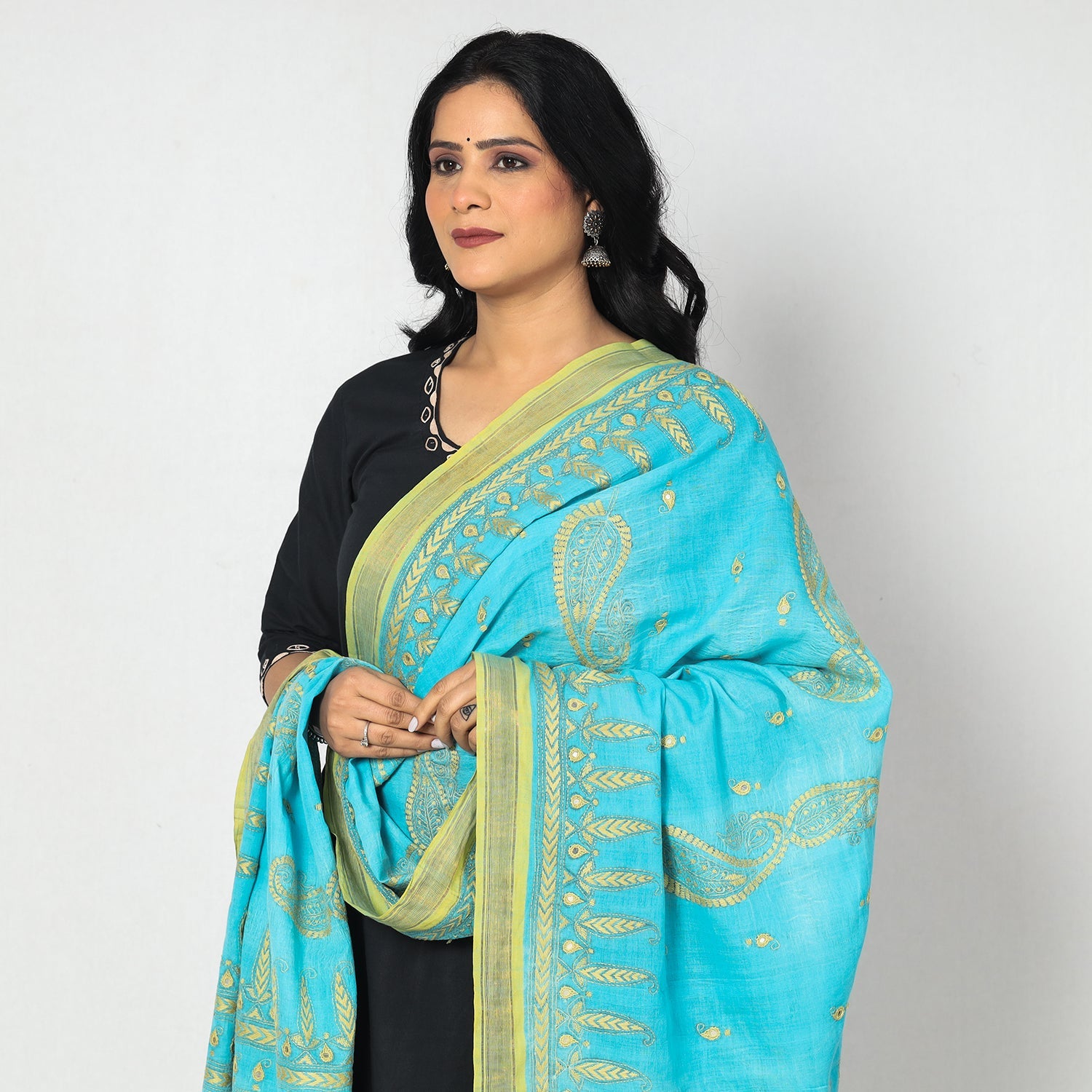 Blue - Bengal Kantha Embroidery Cotton Handloom Dupatta