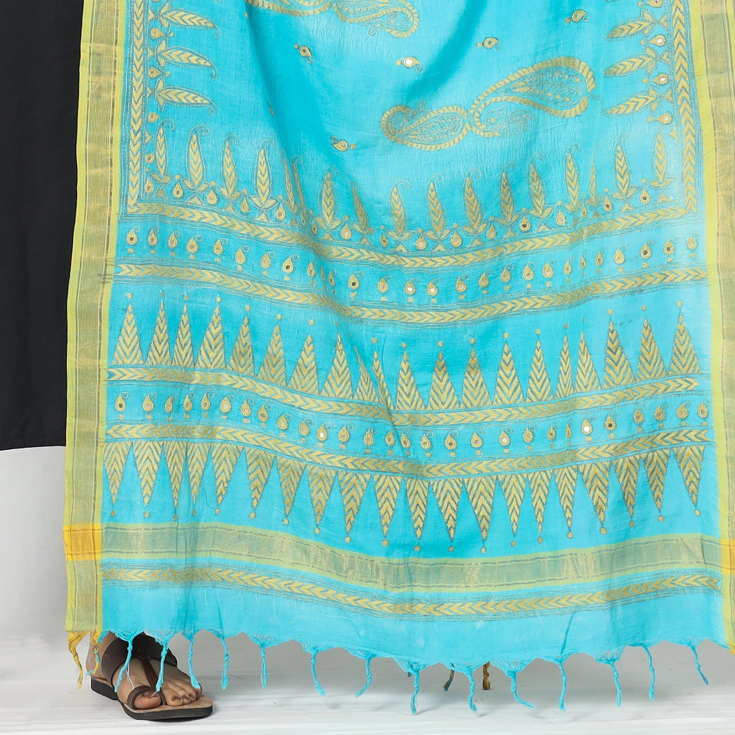 Blue - Bengal Kantha Embroidery Cotton Handloom Dupatta