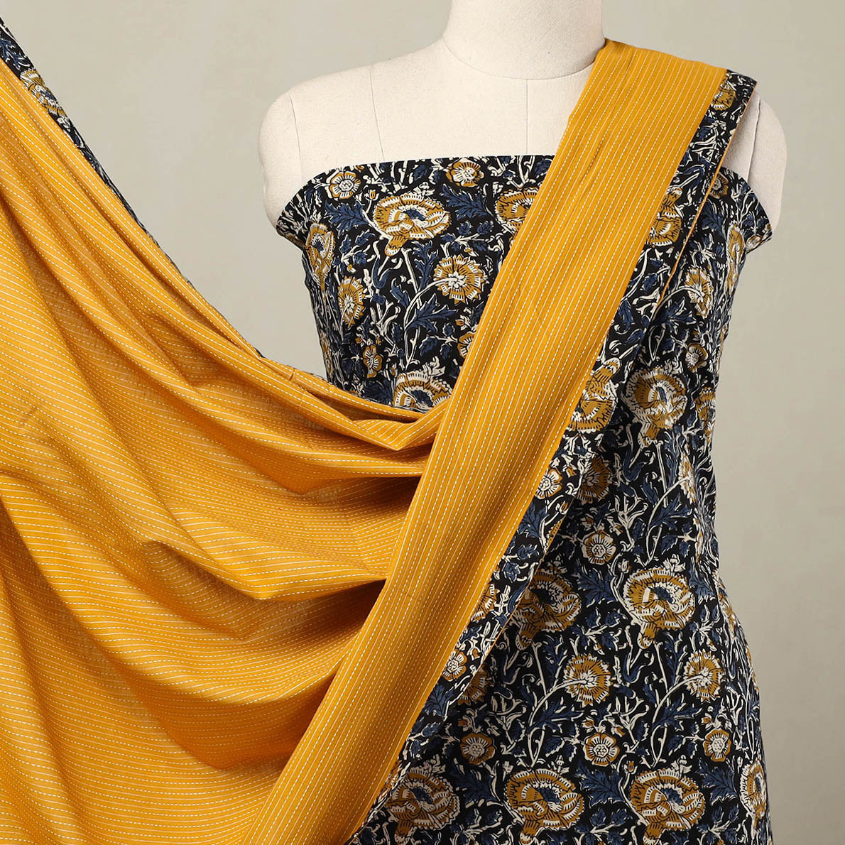 Blue - 3pc Cotton Bagru Print Kurta with Plain Dupatta 15