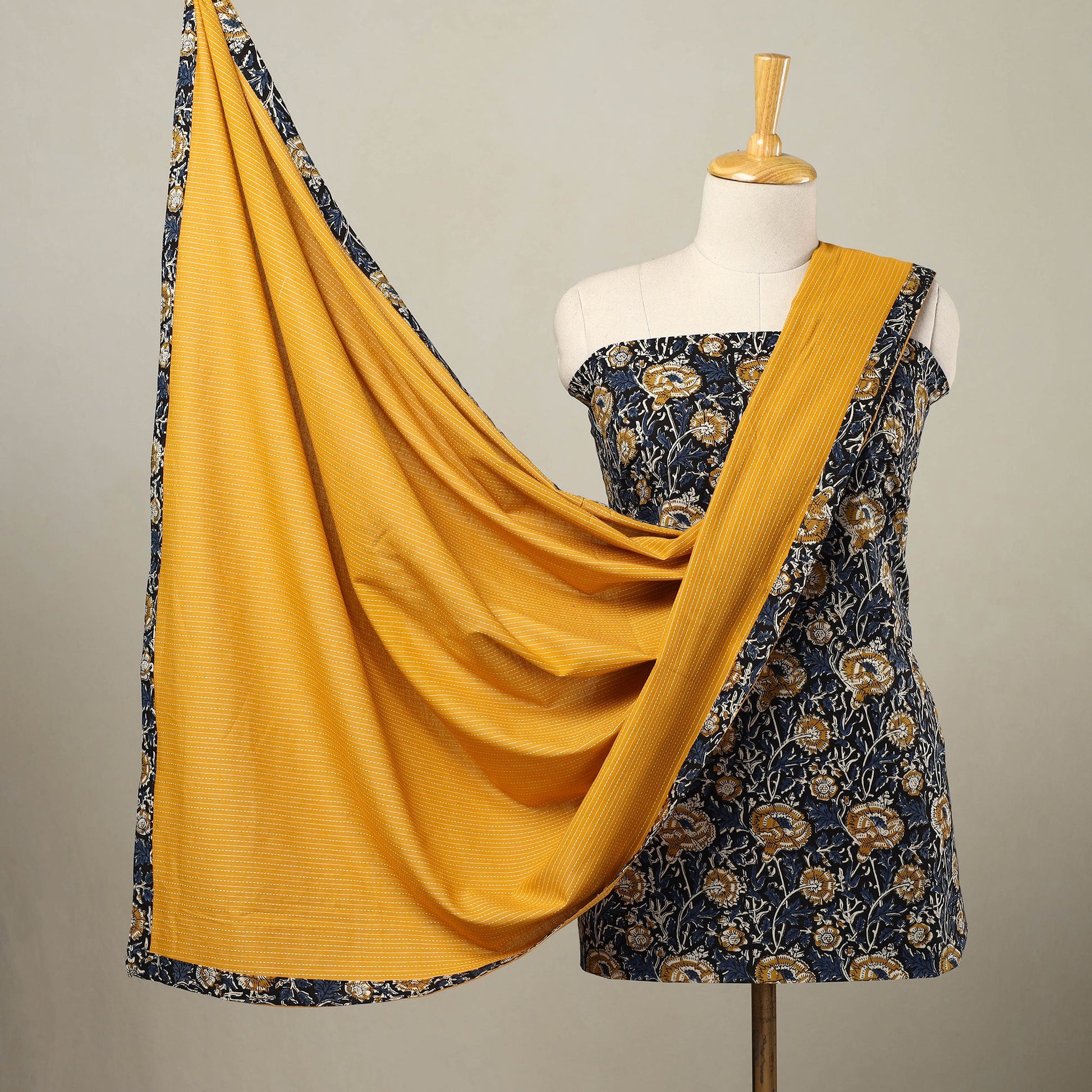 Blue - 3pc Cotton Bagru Print Kurta with Plain Dupatta 15