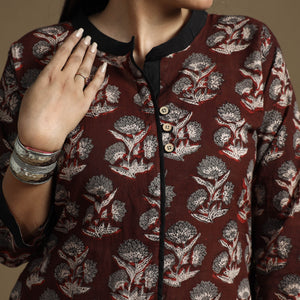 Brown - Bagru Hand Block Printed Cotton A-Line Long Kurta