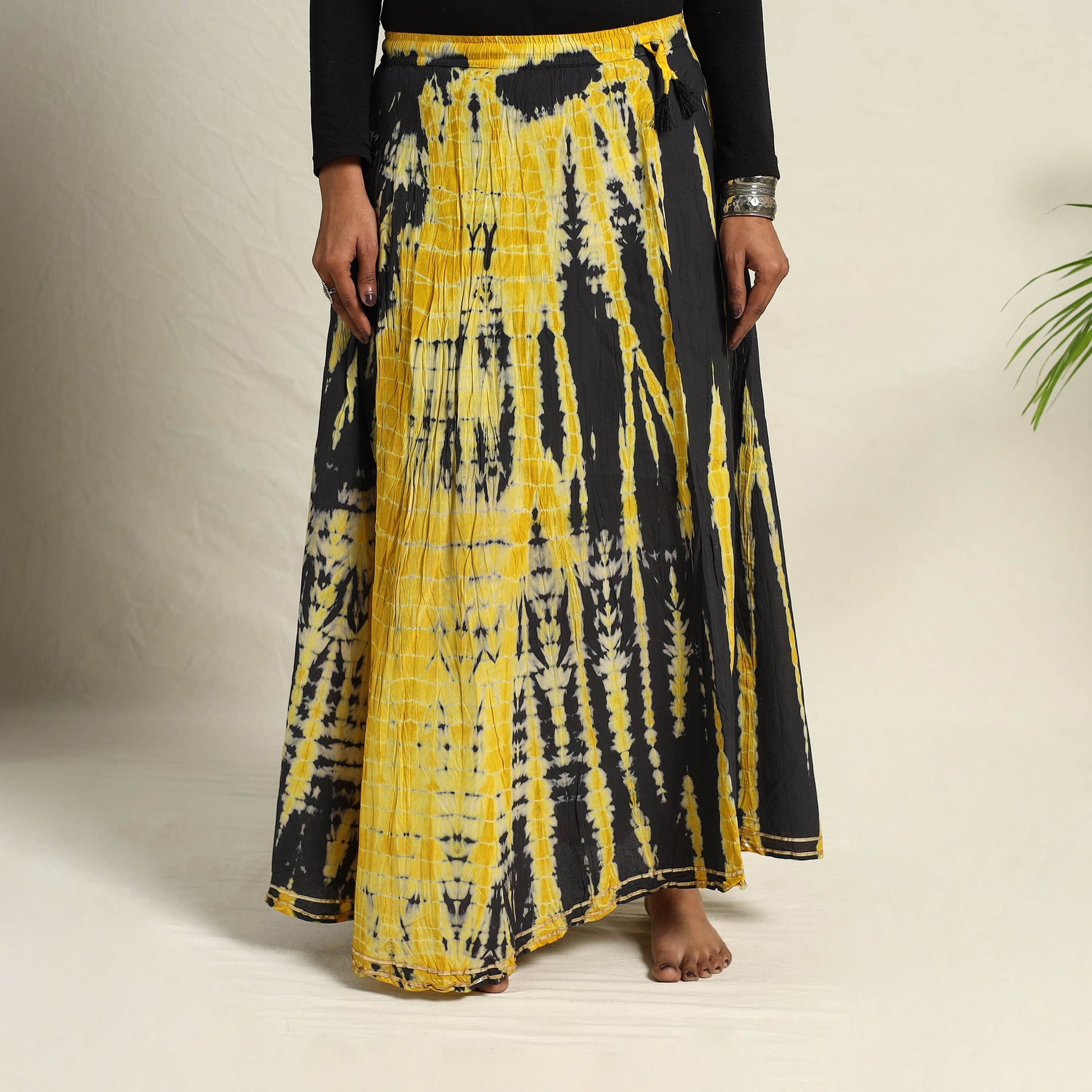 Black -  Cotton Long Shibori Tie-Dye Skirt 07