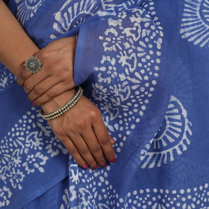Blue - Cotton Hand Batik Print Saree 05